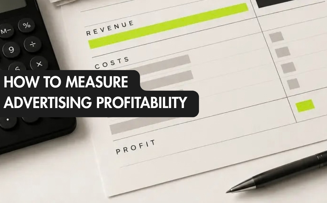 Advertising profitability illustration with a calculator and a ledger labelled revenue, costs and profit.