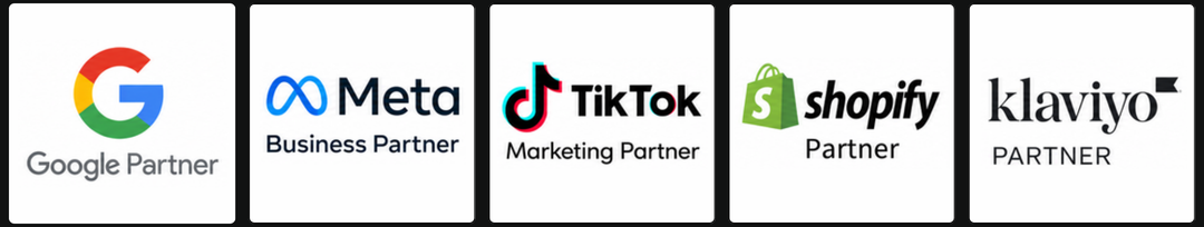 Google Partner, Meta Business Partner, TikTok Marketing Partner, Shopify Partner and Klaviyo Partner